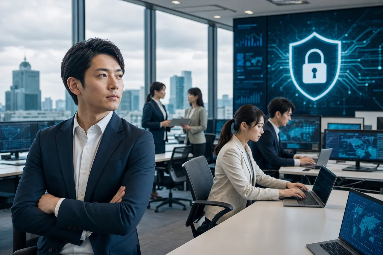 企業のサイバーセキュリティ対策（動画サムネイル用）。企業のサイバーセキュリティ対策をテーマに、動画サムネイル用として使いやすく構成した商用AI素材です。