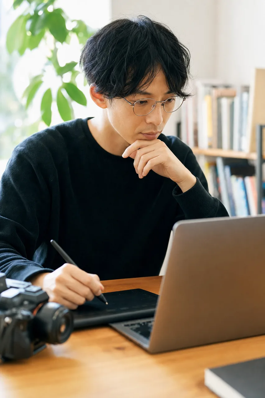 生成AIと協働する日本人クリエイター（動画サムネイル用）。生成AIと協働する日本人クリエイターをテーマに、動画サムネイル用として使いやすく構成した商用AI素材です。