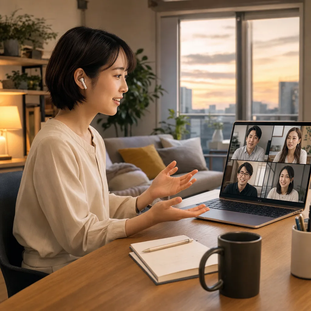 ハイブリッドワークでオンライン会議する社員（動画サムネイル用）。ハイブリッドワークでオンライン会議する社員をテーマに、動画サムネイル用として使いやすく構成した商用AI素材です。