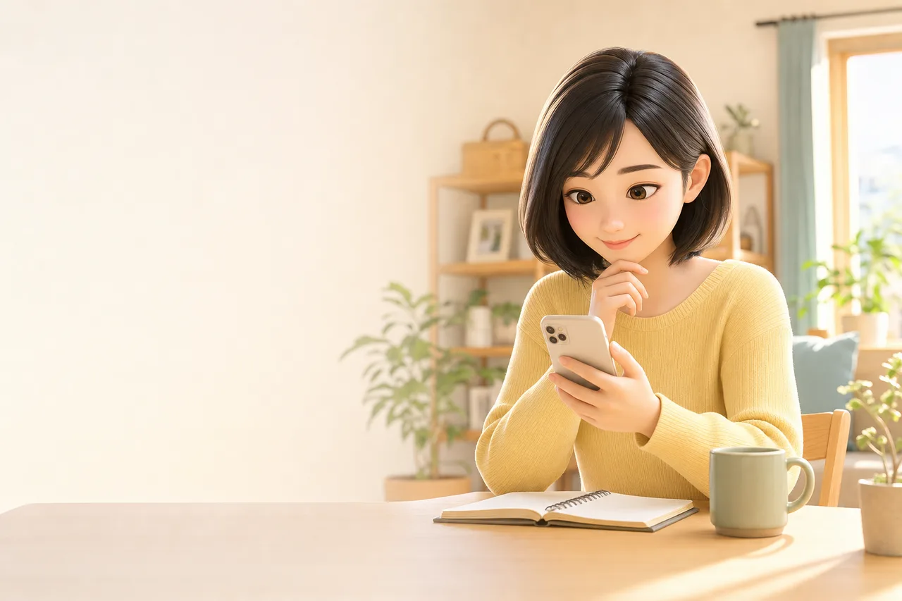家計を管理するフィンテック利用者（動画サムネイル用）。家計を管理するフィンテック利用者をテーマに、動画サムネイル用として使いやすく構成した商用AI素材です。
