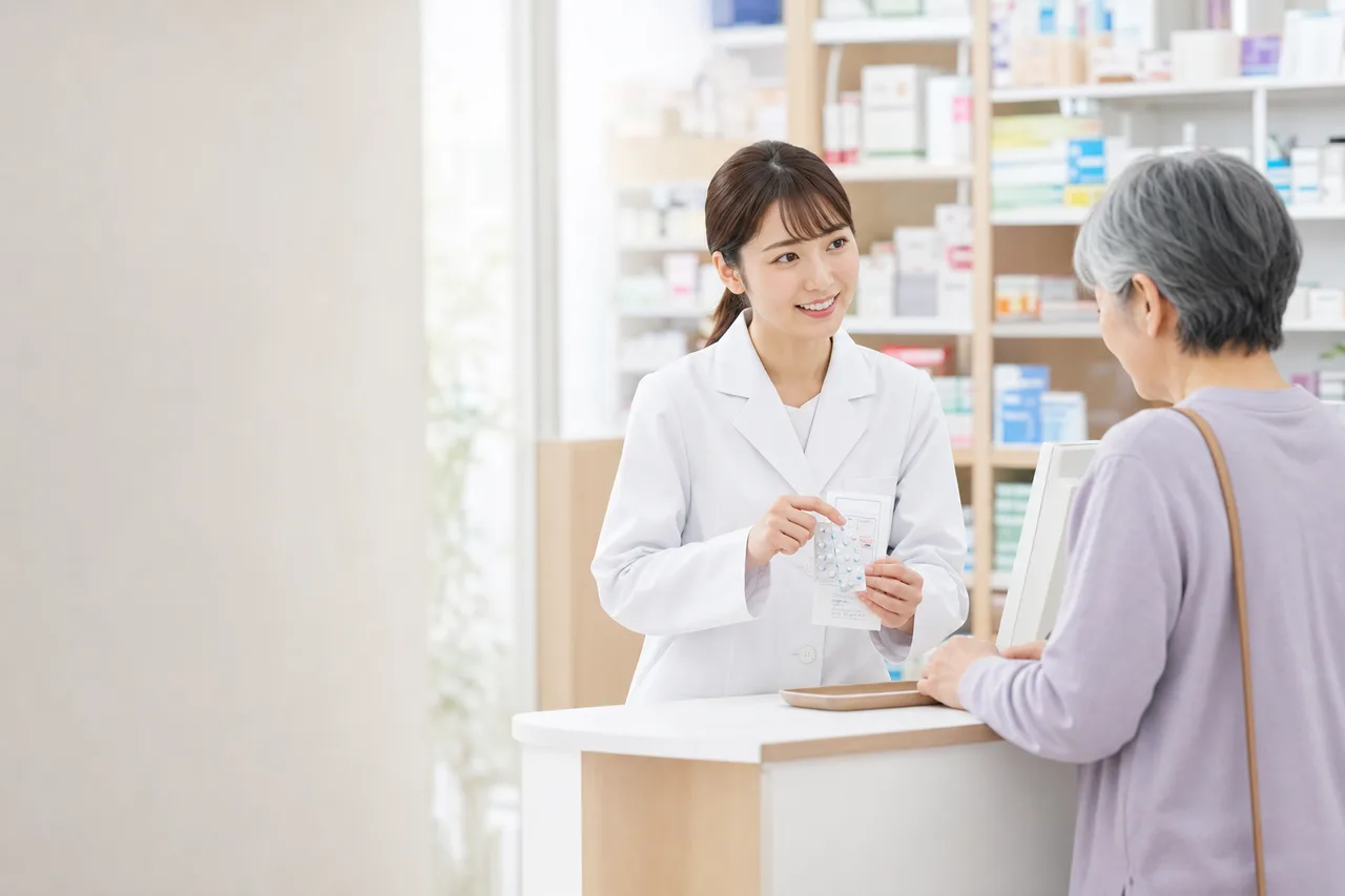 薬局で服薬説明をする薬剤師（動画サムネイル用）。薬局で服薬説明をする薬剤師をテーマに、動画サムネイル用として使いやすく構成した商用AI素材です。