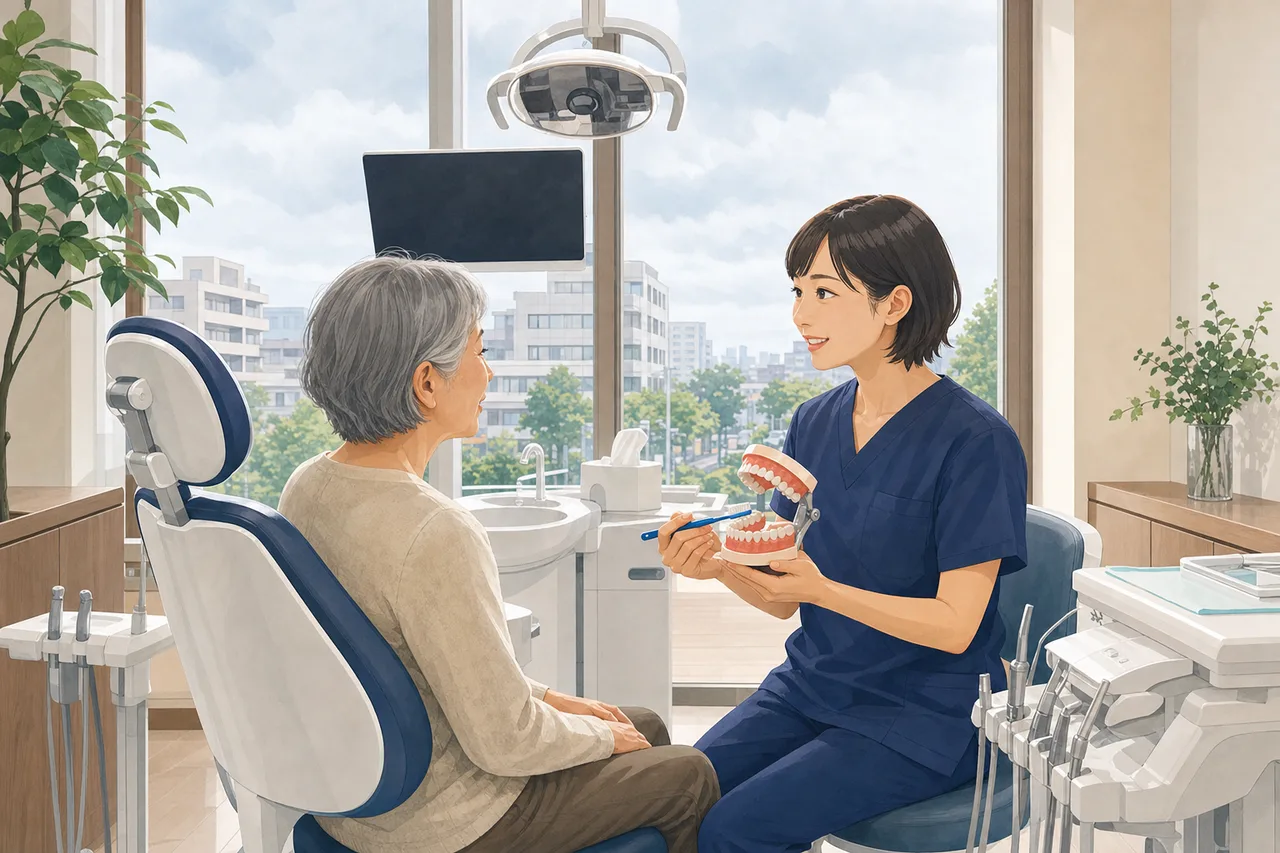 歯科医院で口腔ケアの説明を受ける患者（動画サムネイル用）。歯科医院で口腔ケアの説明を受ける患者をテーマに、動画サムネイル用として使いやすく構成した商用AI素材です。