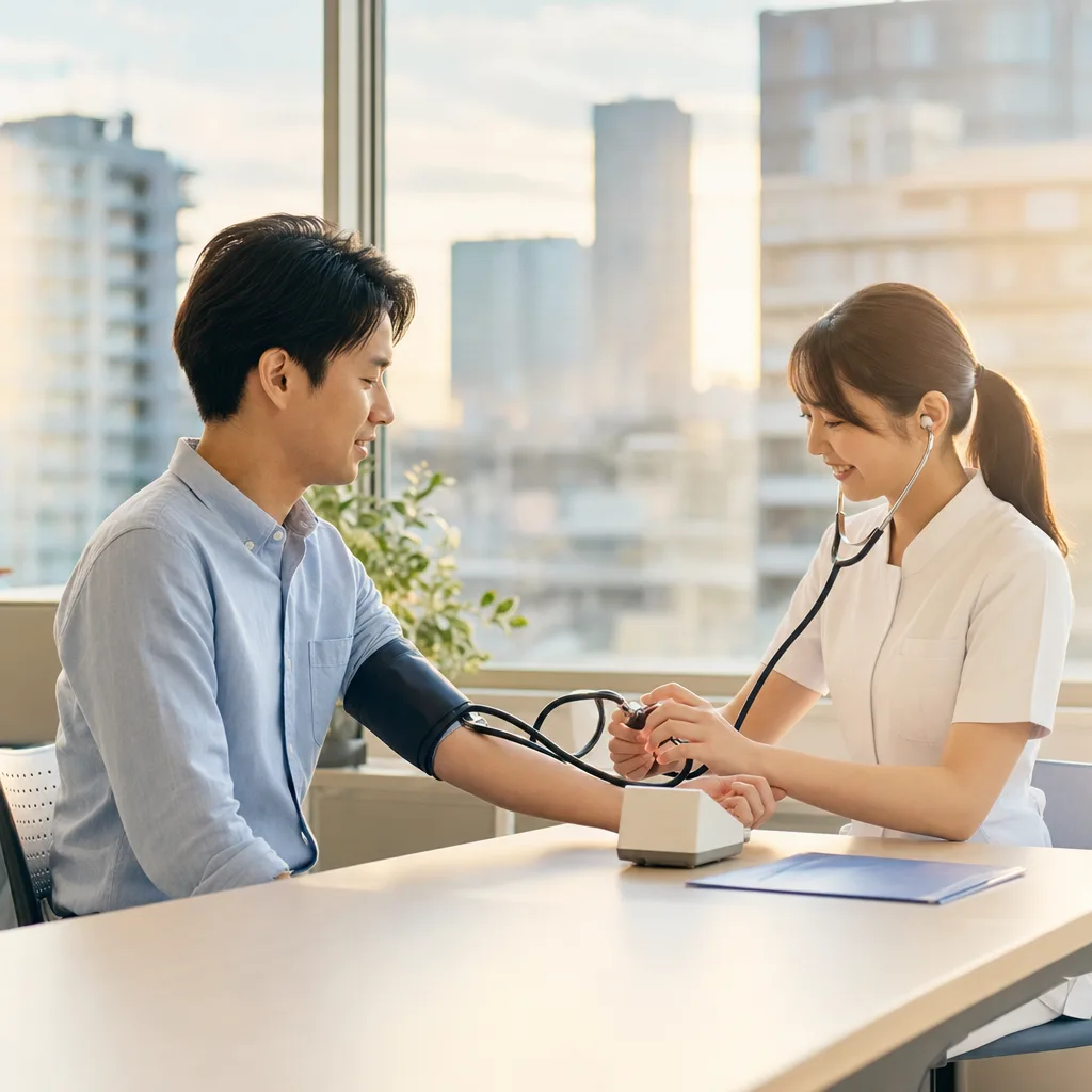 健康診断を受ける働き盛りの日本人（動画サムネイル用）。健康診断を受ける働き盛りの日本人をテーマに、動画サムネイル用として使いやすく構成した商用AI素材です。