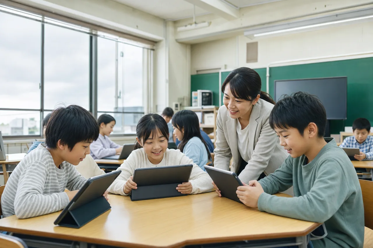 タブレットを使う日本の小学校の授業（動画サムネイル用）。タブレットを使う日本の小学校の授業をテーマに、動画サムネイル用として使いやすく構成した商用AI素材です。