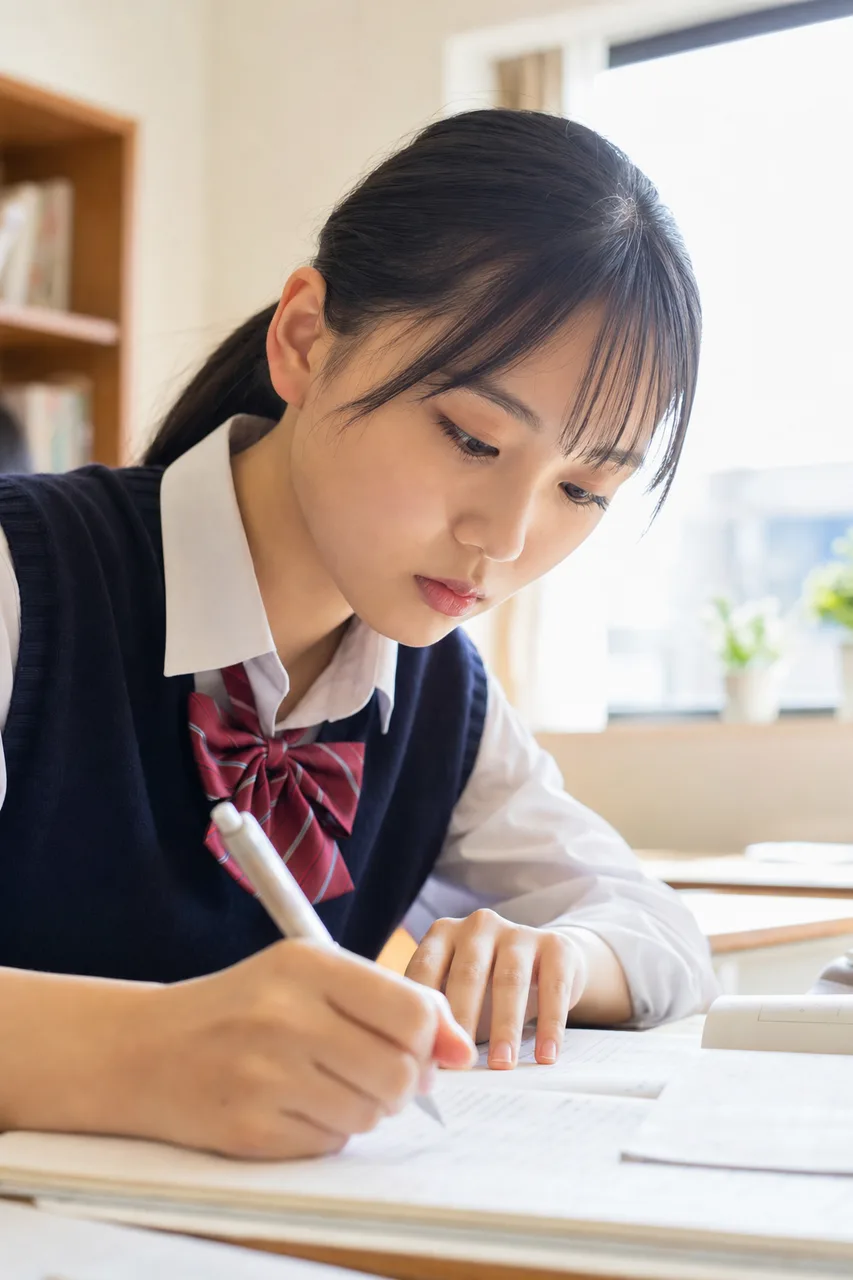 受験勉強に集中する高校生（動画サムネイル用）。受験勉強に集中する高校生をテーマに、動画サムネイル用として使いやすく構成した商用AI素材です。