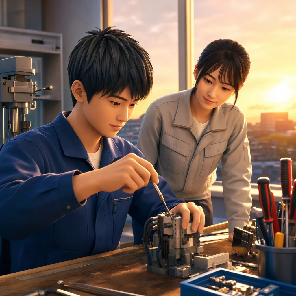 専門技術を実習する若い学生（動画サムネイル用）。専門技術を実習する若い学生をテーマに、動画サムネイル用として使いやすく構成した商用AI素材です。