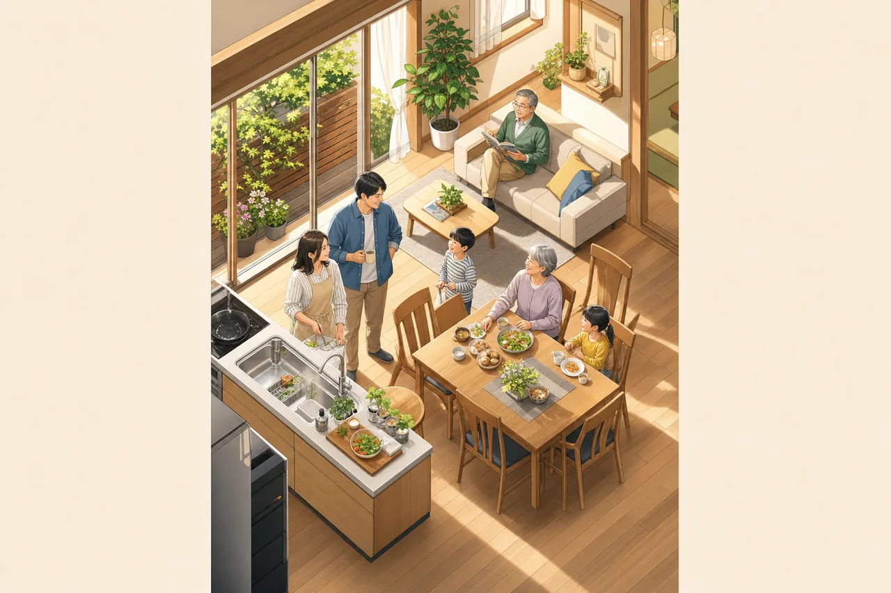 日本の三世代家族の日常（動画サムネイル用）。日本の三世代家族の日常をテーマに、動画サムネイル用として使いやすく構成した商用AI素材です。