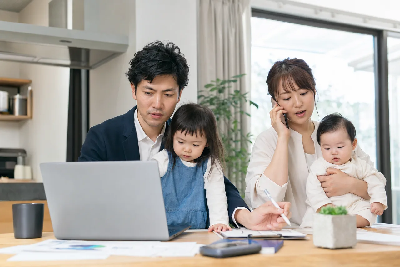 仕事と育児を両立する親（動画サムネイル用）。仕事と育児を両立する親をテーマに、動画サムネイル用として使いやすく構成した商用AI素材です。