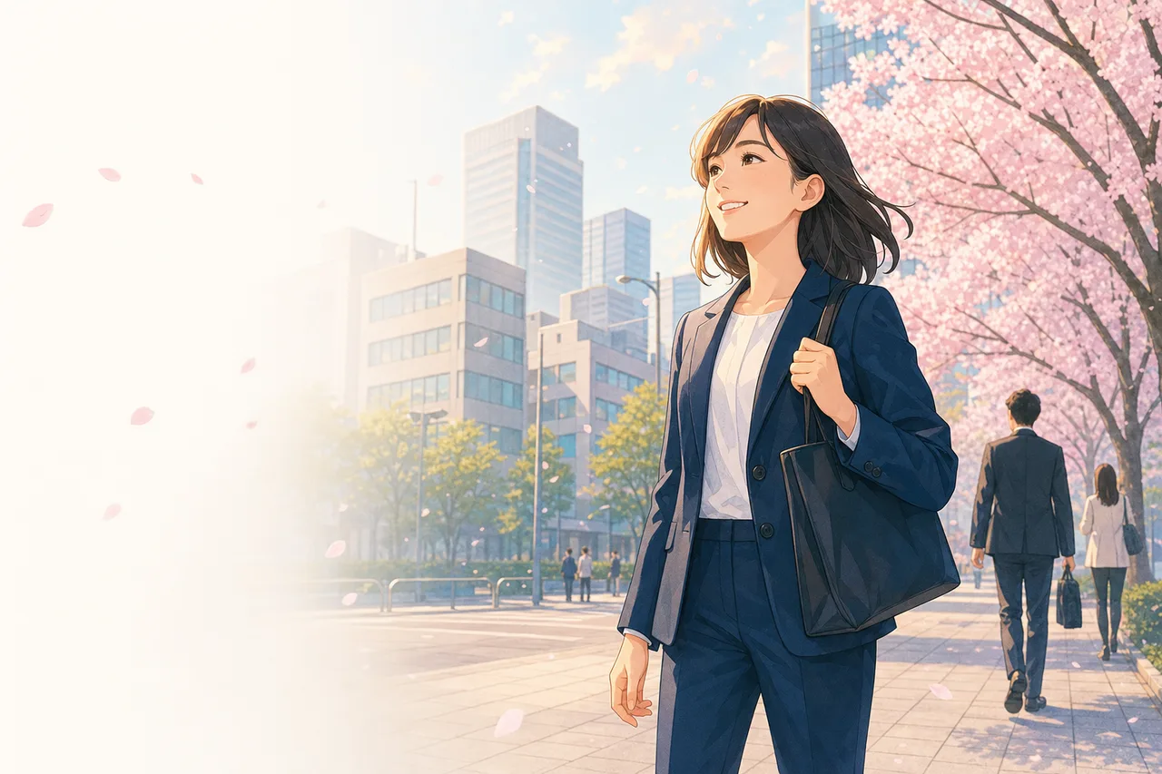 桜の季節に新生活を始める社会人（動画サムネイル用）。桜の季節に新生活を始める社会人をテーマに、動画サムネイル用として使いやすく構成した商用AI素材です。