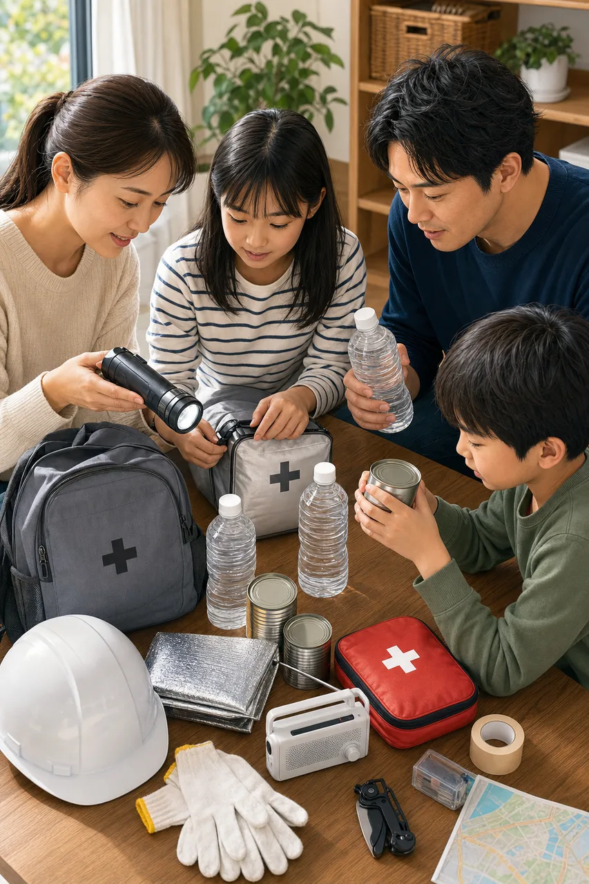 家庭で防災用品を確認する人々（動画サムネイル用）。家庭で防災用品を確認する人々をテーマに、動画サムネイル用として使いやすく構成した商用AI素材です。