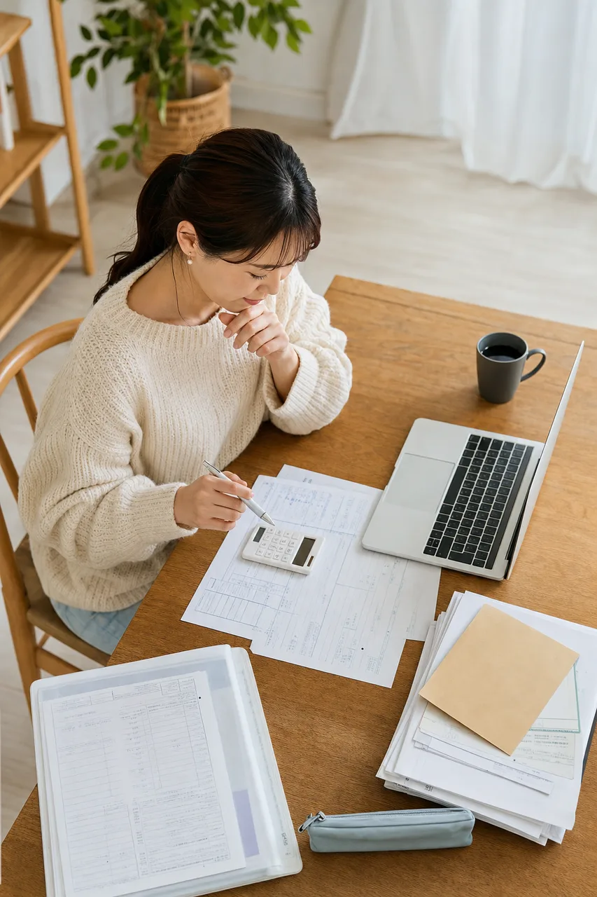 年末調整と確定申告を準備する人（動画サムネイル用）。年末調整と確定申告を準備する人をテーマに、動画サムネイル用として使いやすく構成した商用AI素材です。