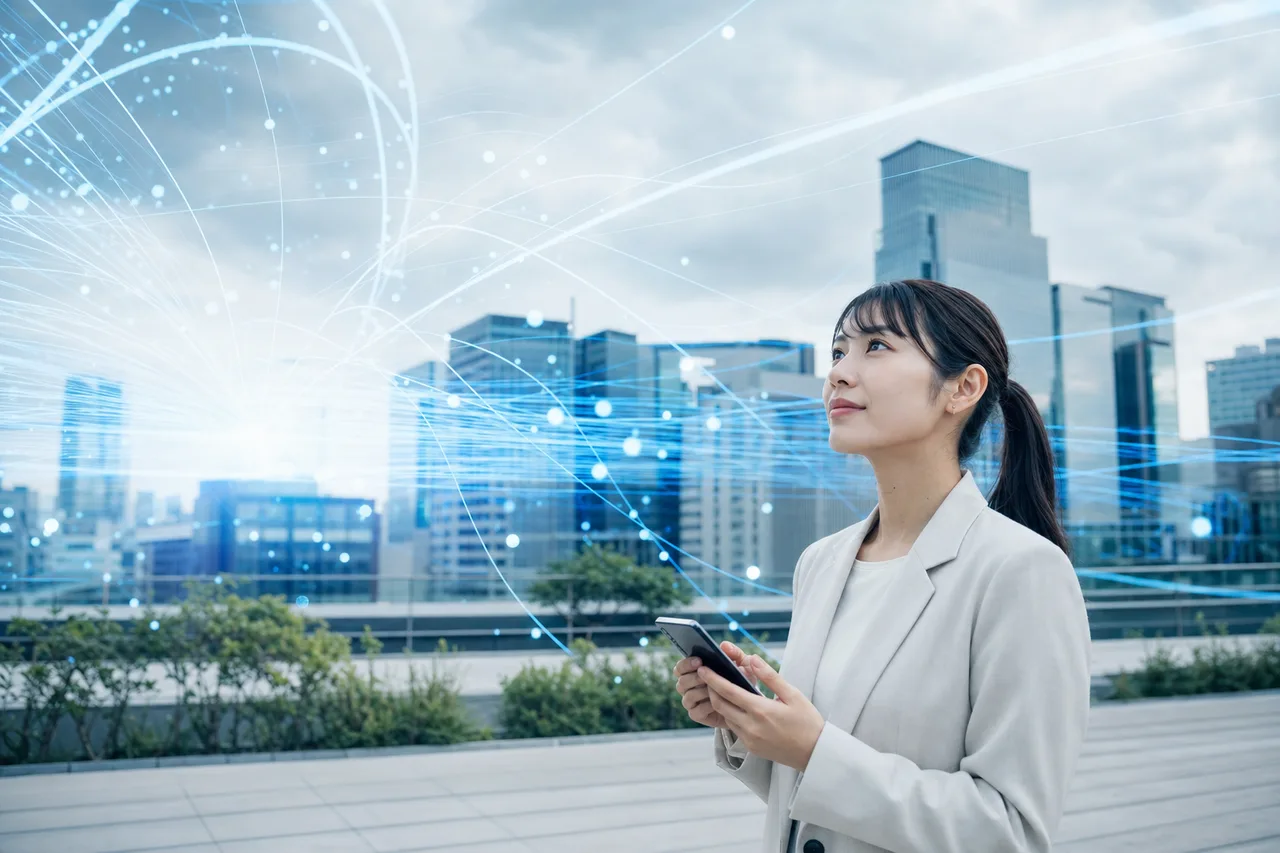 データと通信を表す抽象的なテクノロジー背景（動画サムネイル用）。データと通信を表す抽象的なテクノロジー背景をテーマに、動画サムネイル用として使いやすく構成した商用AI素材です。