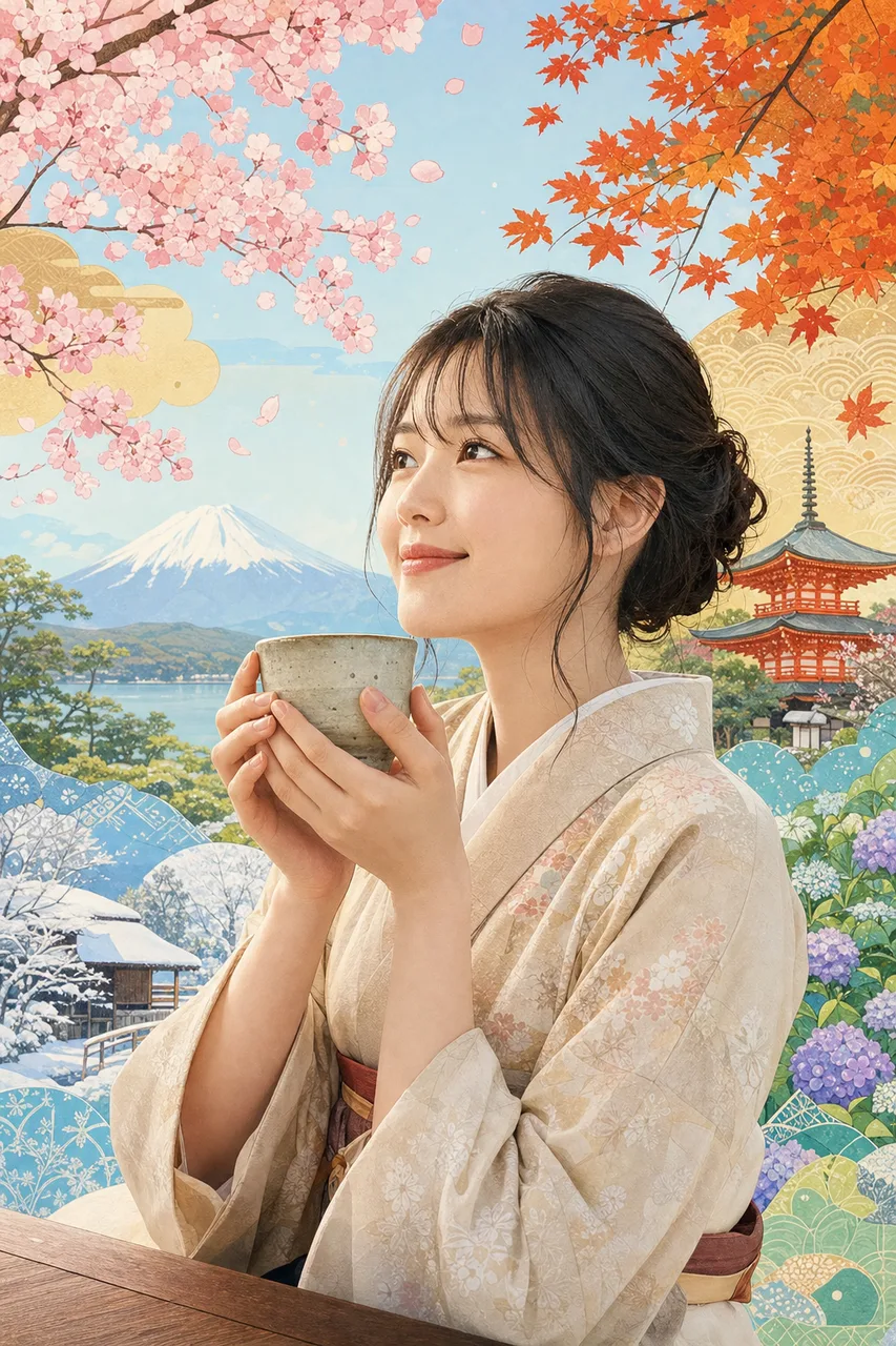 日本の四季を表す上品な和柄背景（動画サムネイル用）。日本の四季を表す上品な和柄背景をテーマに、動画サムネイル用として使いやすく構成した商用AI素材です。