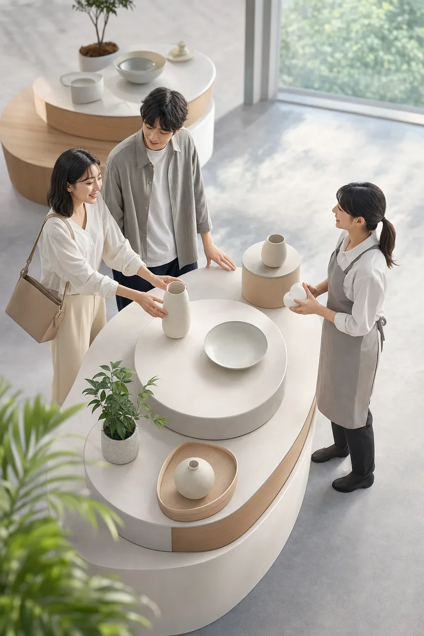 商品を置ける清潔な立体展示台（動画サムネイル用）。商品を置ける清潔な立体展示台をテーマに、動画サムネイル用として使いやすく構成した商用AI素材です。