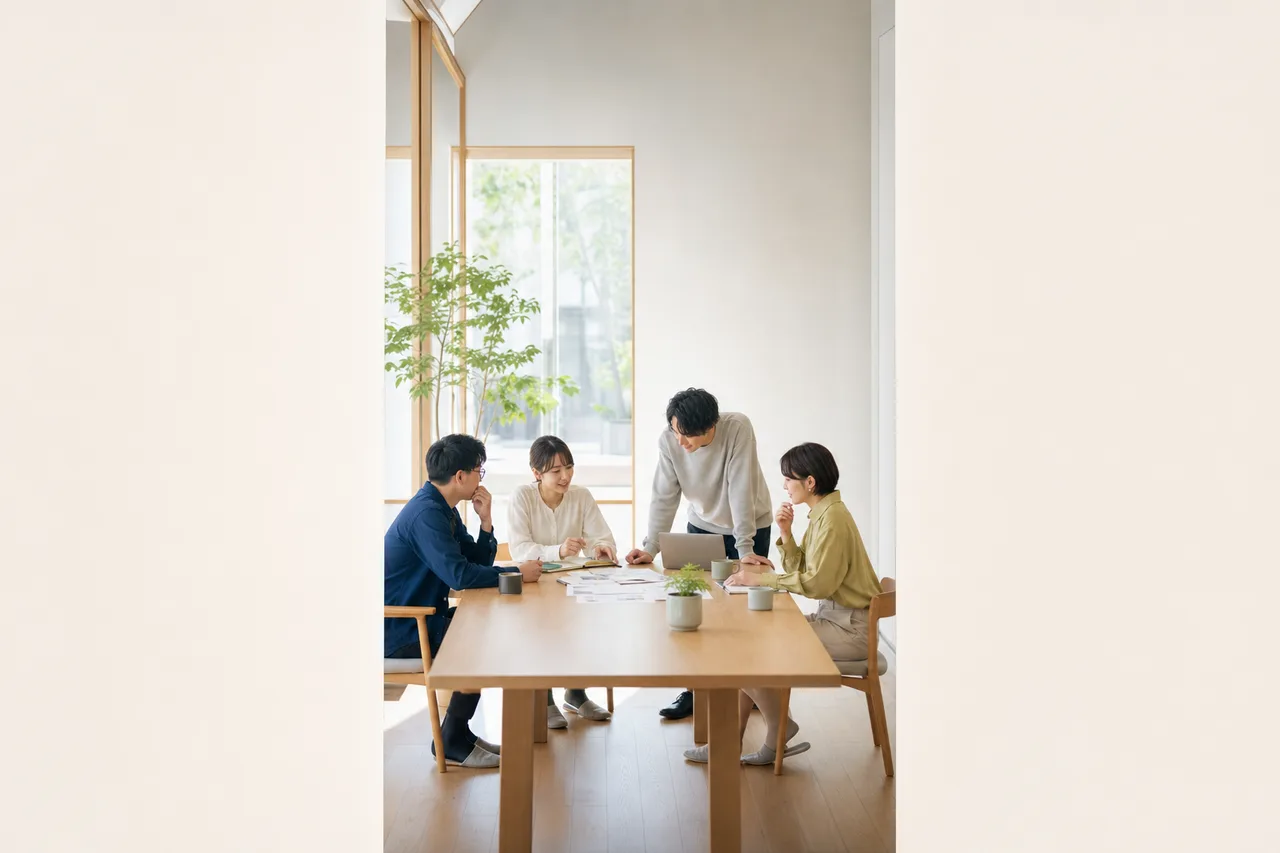 日本の中小企業の具体的な企画会議（縦型コンテンツ用）。日本の中小企業の具体的な企画会議をテーマに、縦型コンテンツ用として使いやすく構成した商用AI素材です。