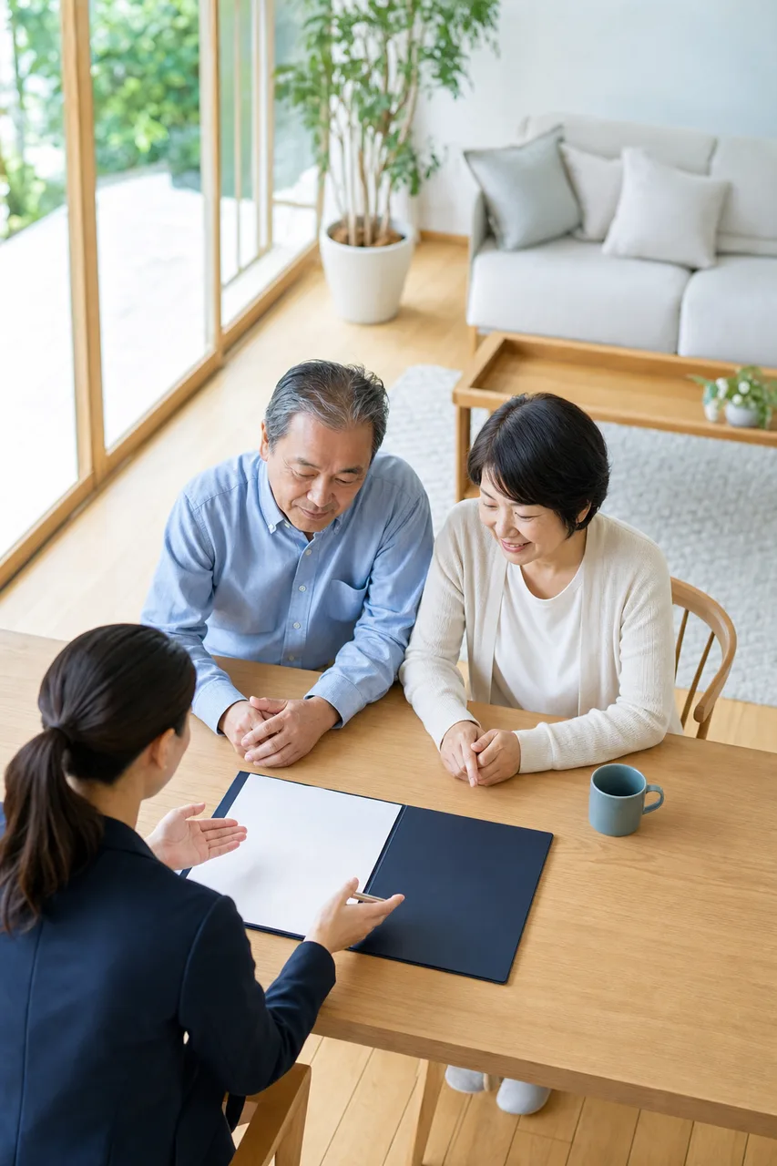 シニア夫婦への保険と資産形成の相談（縦型コンテンツ用）。シニア夫婦への保険と資産形成の相談をテーマに、縦型コンテンツ用として使いやすく構成した商用AI素材です。