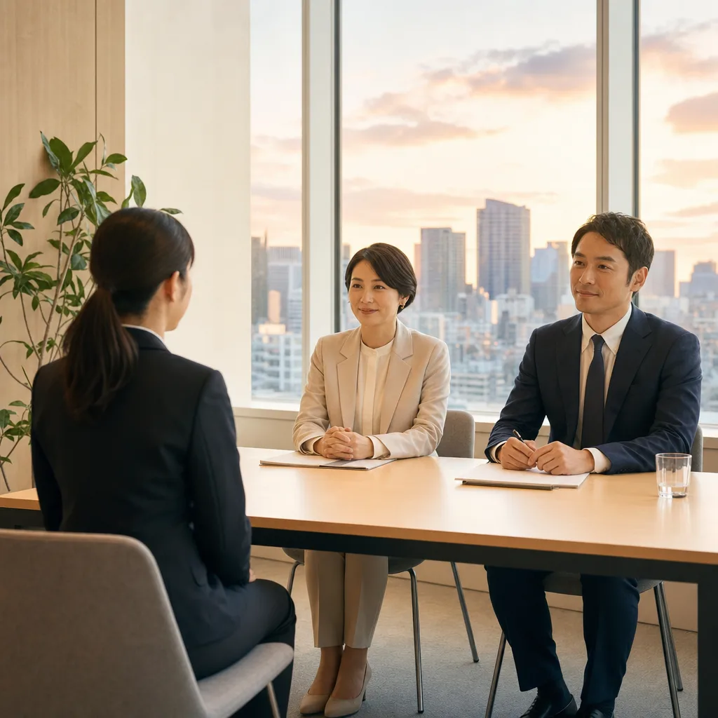 日本企業の採用面接（縦型コンテンツ用）。日本企業の採用面接をテーマに、縦型コンテンツ用として使いやすく構成した商用AI素材です。