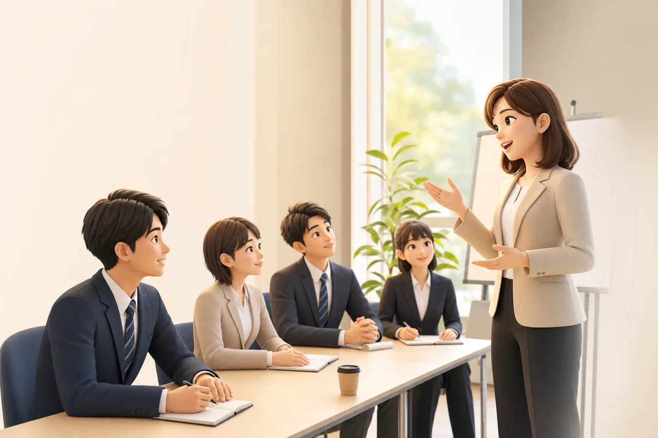 新入社員のオンボーディング研修（縦型コンテンツ用）。新入社員のオンボーディング研修をテーマに、縦型コンテンツ用として使いやすく構成した商用AI素材です。