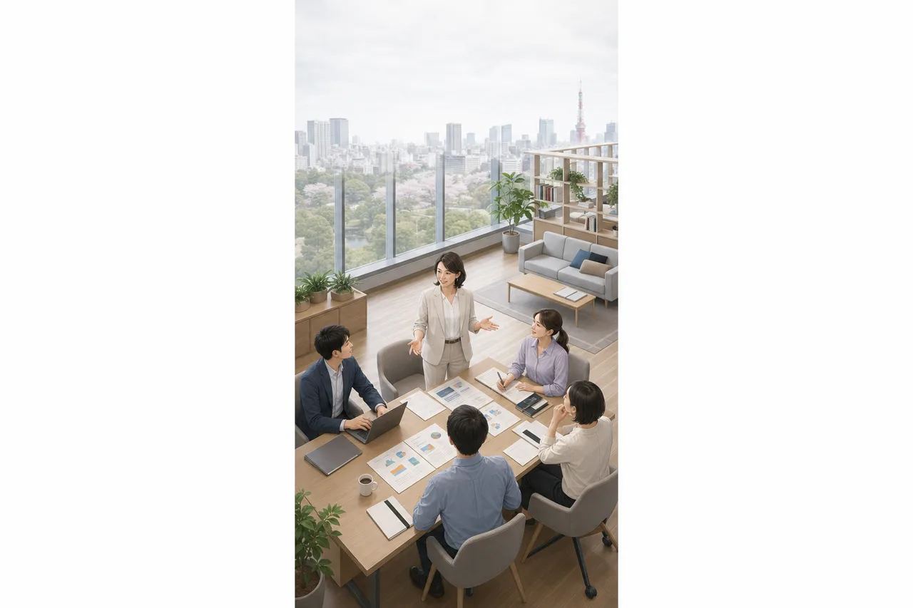 日本人女性管理職のリーダーシップ（縦型コンテンツ用）。日本人女性管理職のリーダーシップをテーマに、縦型コンテンツ用として使いやすく構成した商用AI素材です。