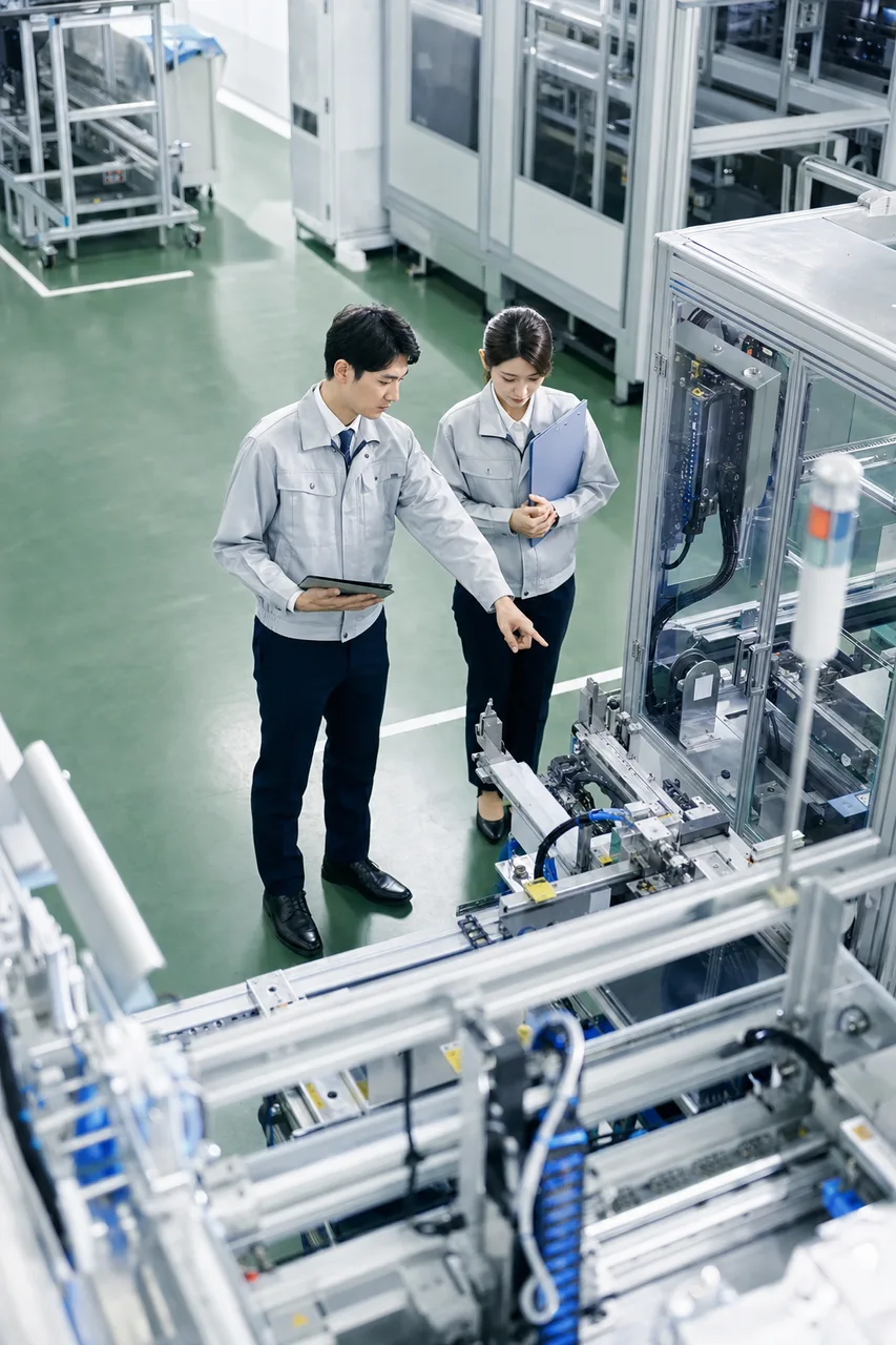 日本の製造現場で確認する技術者（縦型コンテンツ用）。日本の製造現場で確認する技術者をテーマに、縦型コンテンツ用として使いやすく構成した商用AI素材です。