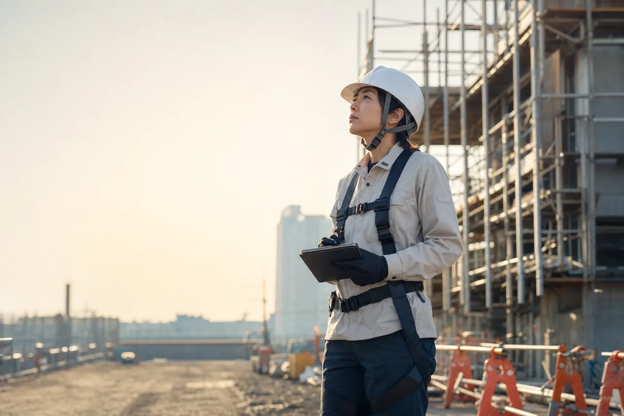 建設現場で安全確認する作業員（縦型コンテンツ用）。建設現場で安全確認する作業員をテーマに、縦型コンテンツ用として使いやすく構成した商用AI素材です。