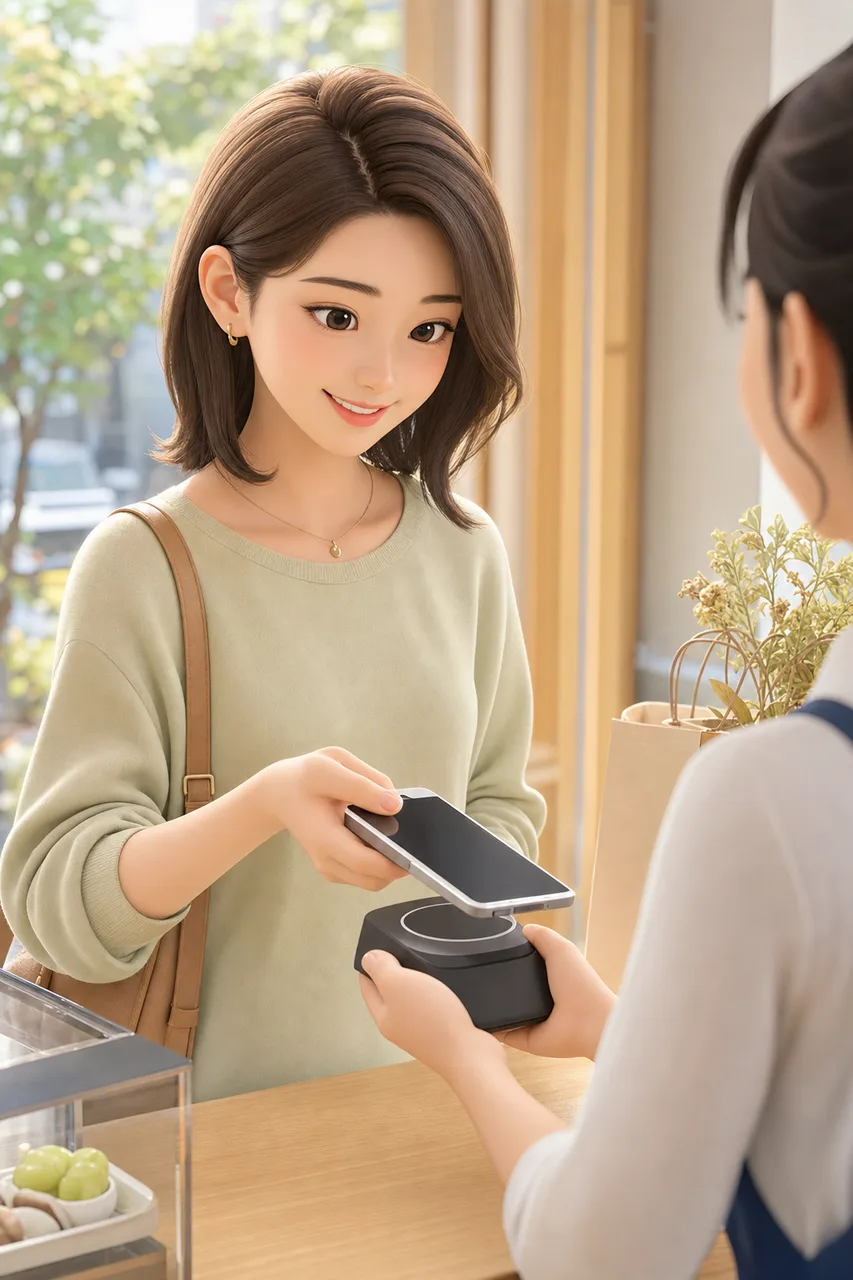 店舗でキャッシュレス決済する顧客（縦型コンテンツ用）。店舗でキャッシュレス決済する顧客をテーマに、縦型コンテンツ用として使いやすく構成した商用AI素材です。