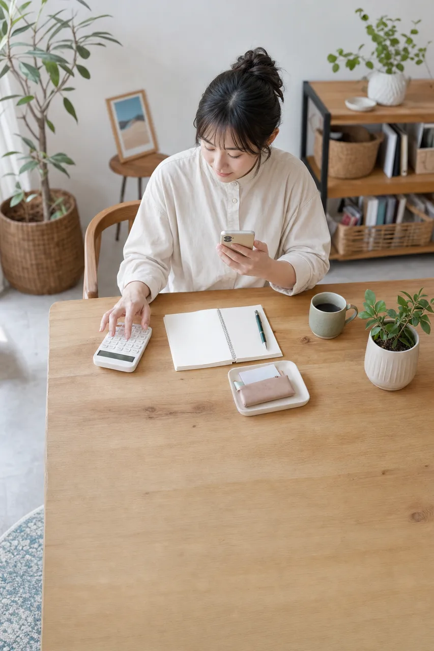 家計を管理するフィンテック利用者（縦型コンテンツ用）。家計を管理するフィンテック利用者をテーマに、縦型コンテンツ用として使いやすく構成した商用AI素材です。