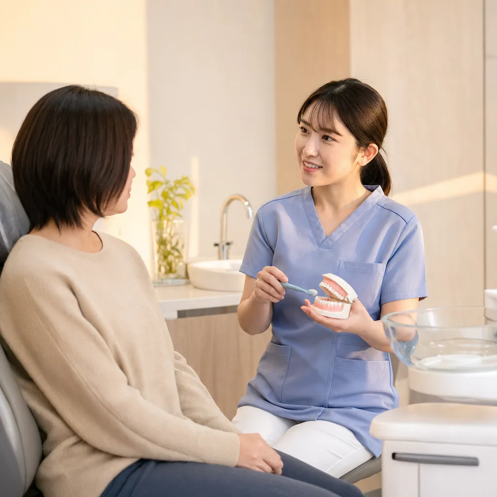 歯科医院で口腔ケアの説明を受ける患者（縦型コンテンツ用）。歯科医院で口腔ケアの説明を受ける患者をテーマに、縦型コンテンツ用として使いやすく構成した商用AI素材です。