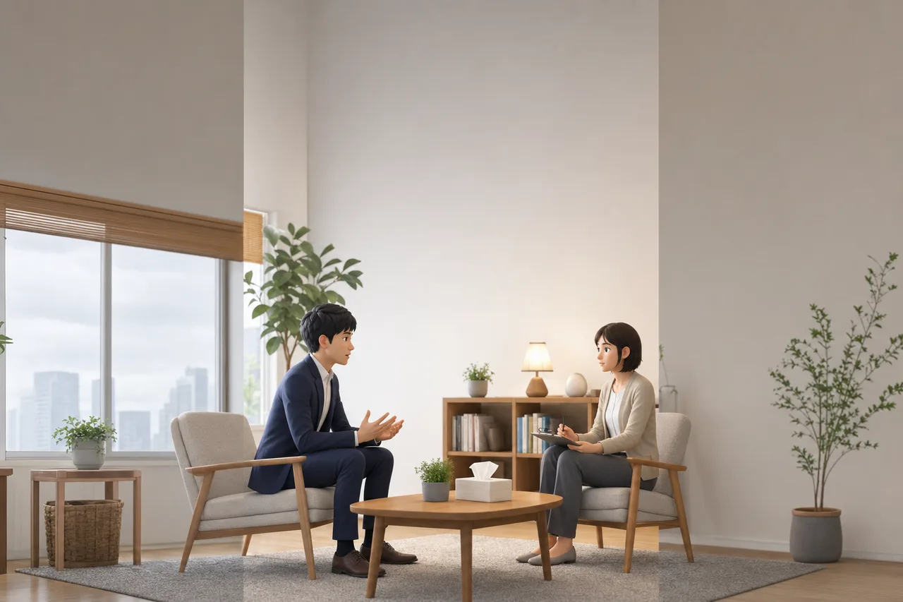 カウンセラーに心の健康を相談する会社員（縦型コンテンツ用）。カウンセラーに心の健康を相談する会社員をテーマに、縦型コンテンツ用として使いやすく構成した商用AI素材です。