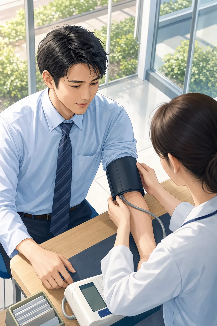 健康診断を受ける働き盛りの日本人（縦型コンテンツ用）。健康診断を受ける働き盛りの日本人をテーマに、縦型コンテンツ用として使いやすく構成した商用AI素材です。