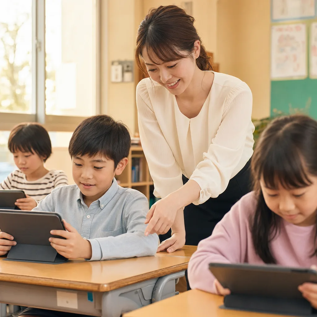 タブレットを使う日本の小学校の授業（縦型コンテンツ用）。タブレットを使う日本の小学校の授業をテーマに、縦型コンテンツ用として使いやすく構成した商用AI素材です。