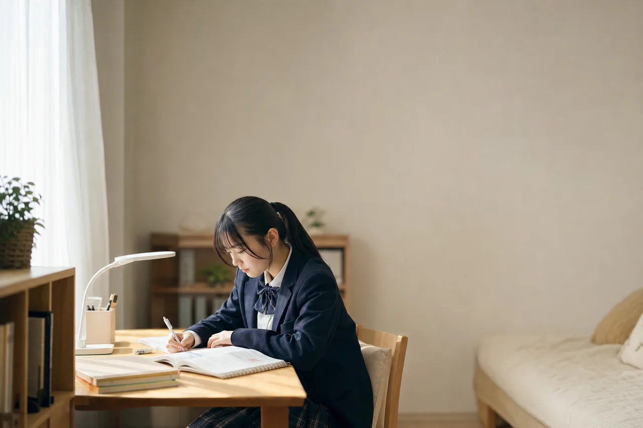 受験勉強に集中する高校生（縦型コンテンツ用）。受験勉強に集中する高校生をテーマに、縦型コンテンツ用として使いやすく構成した商用AI素材です。