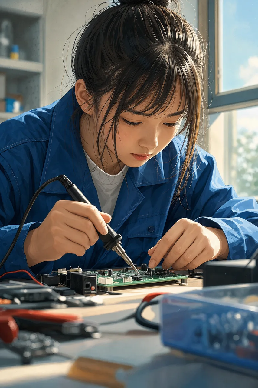 専門技術を実習する若い学生（縦型コンテンツ用）。専門技術を実習する若い学生をテーマに、縦型コンテンツ用として使いやすく構成した商用AI素材です。