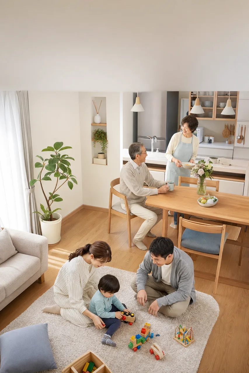 日本の三世代家族の日常（縦型コンテンツ用）。日本の三世代家族の日常をテーマに、縦型コンテンツ用として使いやすく構成した商用AI素材です。