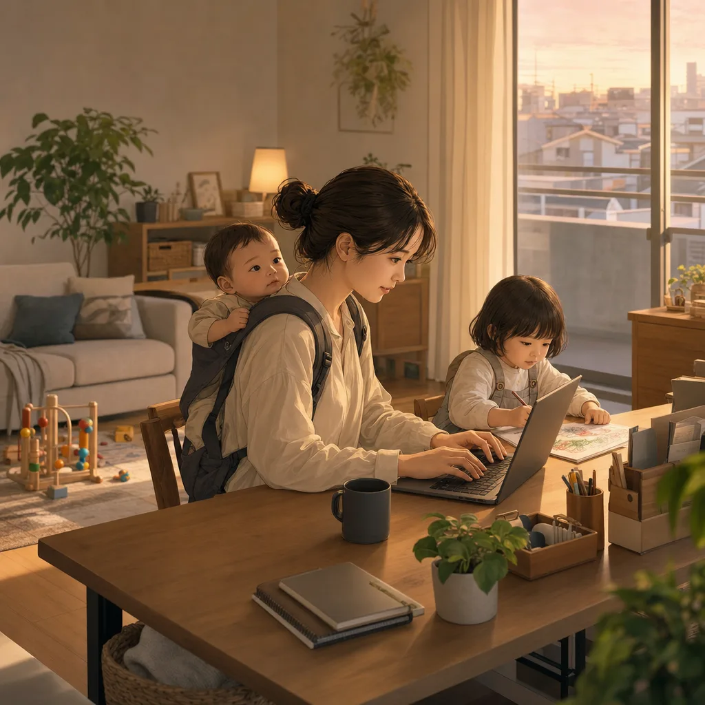 仕事と育児を両立する親（縦型コンテンツ用）。仕事と育児を両立する親をテーマに、縦型コンテンツ用として使いやすく構成した商用AI素材です。