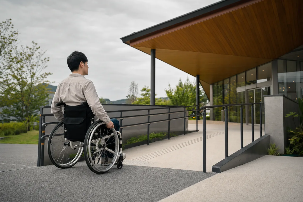 車椅子でバリアフリー施設を利用する人（縦型コンテンツ用）。車椅子でバリアフリー施設を利用する人をテーマに、縦型コンテンツ用として使いやすく構成した商用AI素材です。