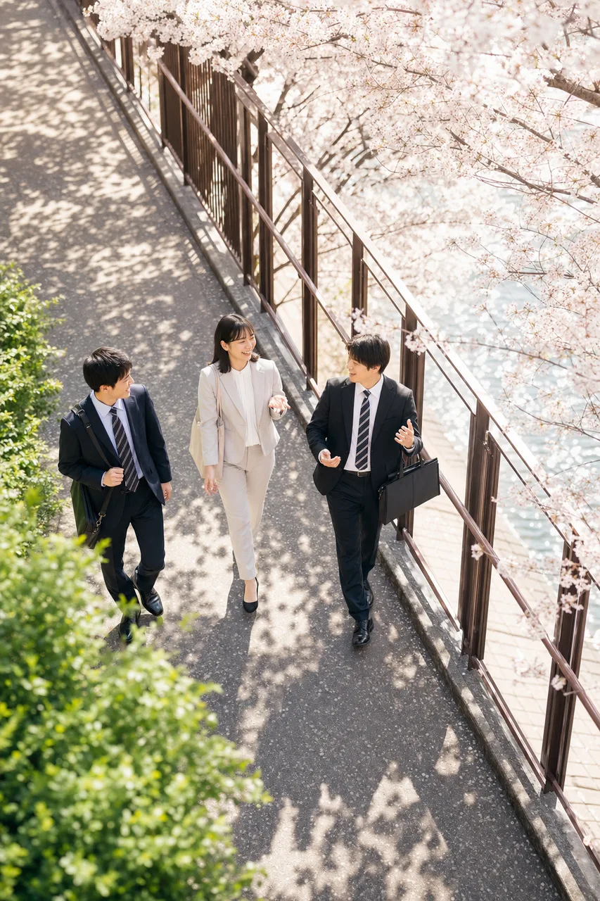 桜の季節に新生活を始める社会人（縦型コンテンツ用）。桜の季節に新生活を始める社会人をテーマに、縦型コンテンツ用として使いやすく構成した商用AI素材です。