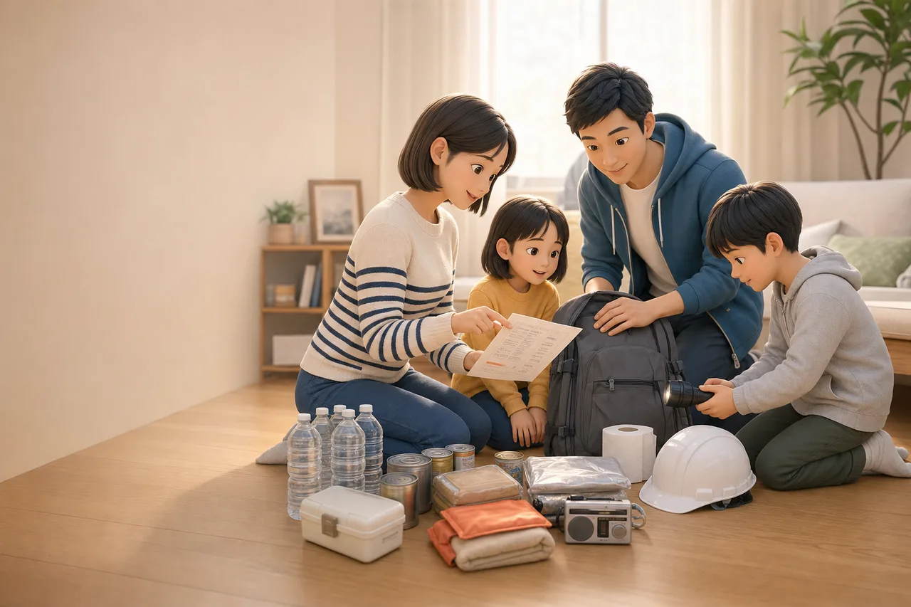 家庭で防災用品を確認する人々（縦型コンテンツ用）。家庭で防災用品を確認する人々をテーマに、縦型コンテンツ用として使いやすく構成した商用AI素材です。