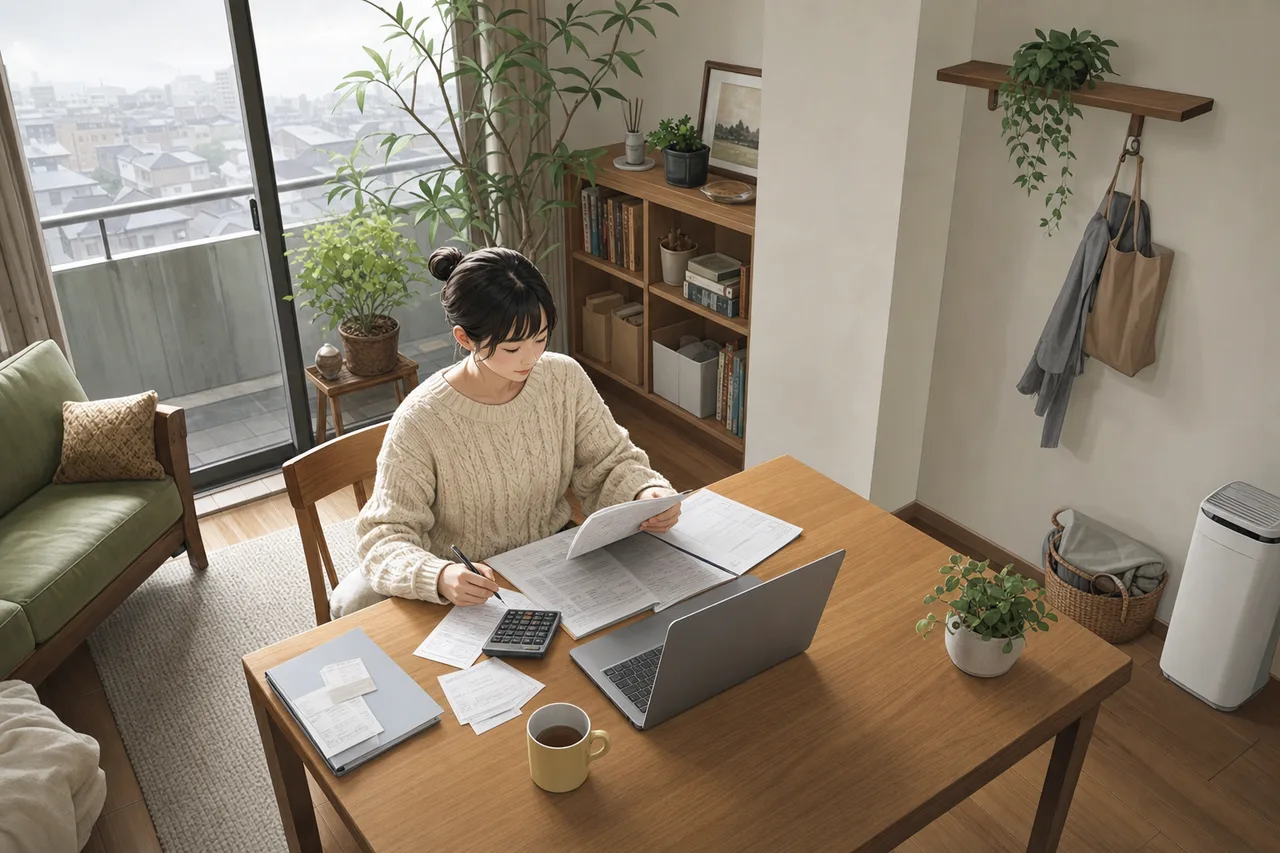 年末調整と確定申告を準備する人（縦型コンテンツ用）。年末調整と確定申告を準備する人をテーマに、縦型コンテンツ用として使いやすく構成した商用AI素材です。