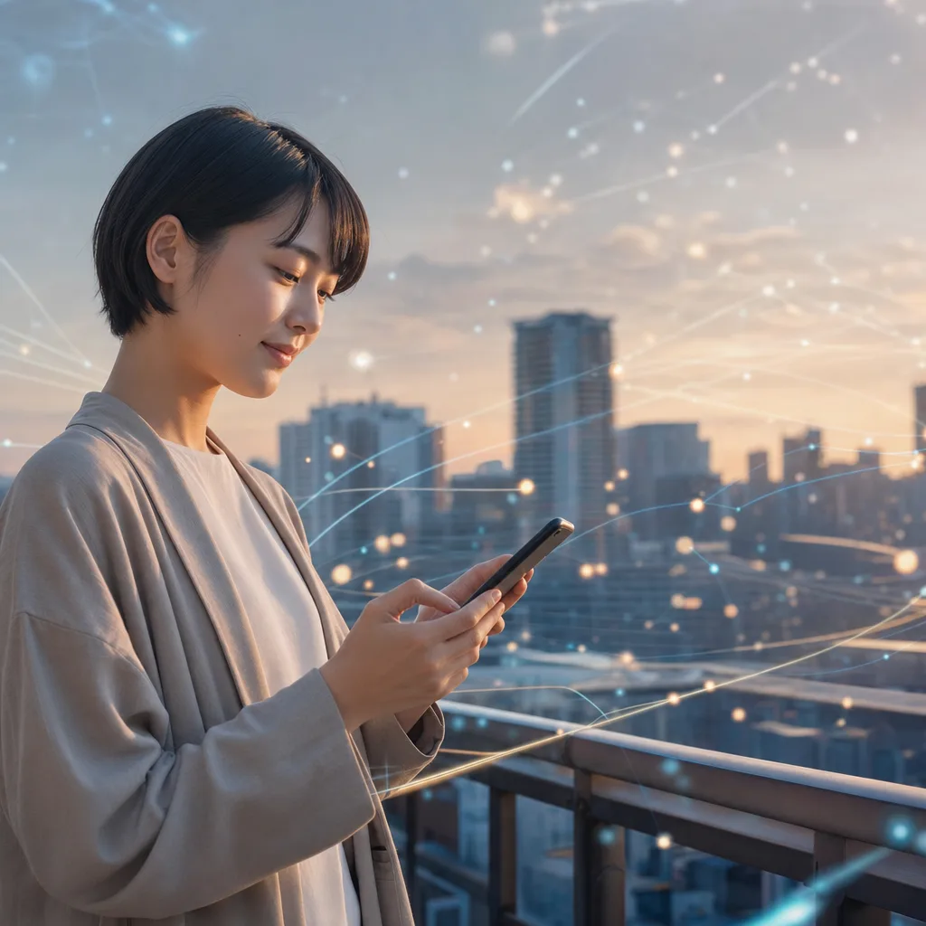 データと通信を表す抽象的なテクノロジー背景（縦型コンテンツ用）。データと通信を表す抽象的なテクノロジー背景をテーマに、縦型コンテンツ用として使いやすく構成した商用AI素材です。