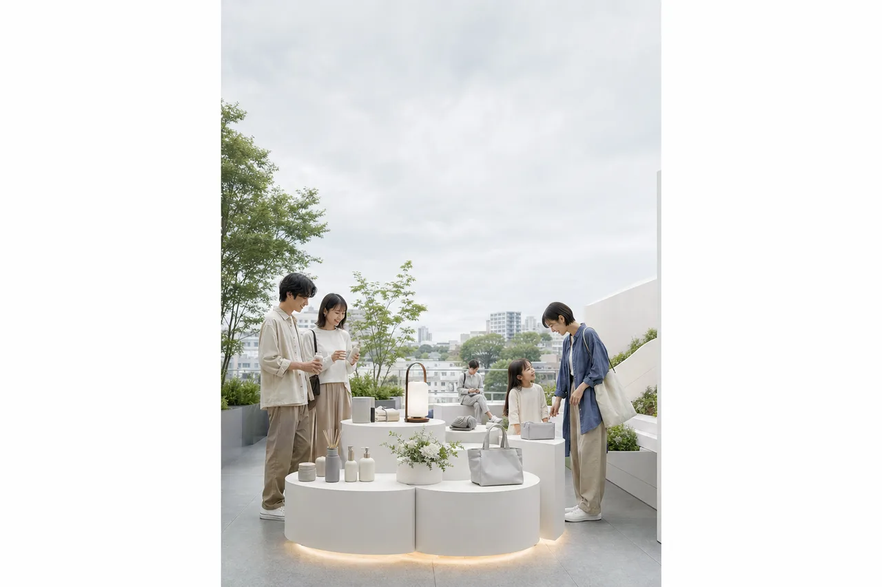 商品を置ける清潔な立体展示台（縦型コンテンツ用）。商品を置ける清潔な立体展示台をテーマに、縦型コンテンツ用として使いやすく構成した商用AI素材です。