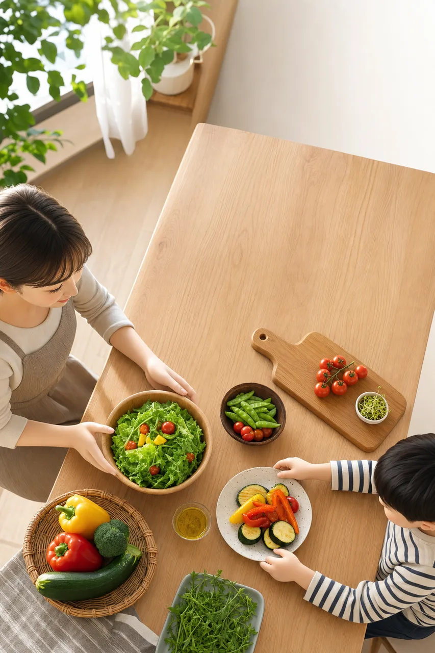 料理や食材を配置できる俯瞰のテーブル背景（縦型コンテンツ用）。料理や食材を配置できる俯瞰のテーブル背景をテーマに、縦型コンテンツ用として使いやすく構成した商用AI素材です。