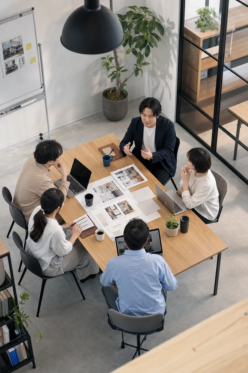 日本の中小企業の具体的な企画会議（サービス紹介用）。日本の中小企業の具体的な企画会議をテーマに、サービス紹介用として使いやすく構成した商用AI素材です。