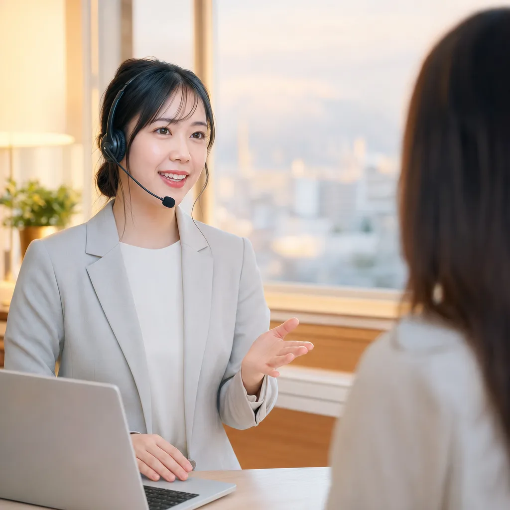 日本人のカスタマーサポート担当者（サービス紹介用）。日本人のカスタマーサポート担当者をテーマに、サービス紹介用として使いやすく構成した商用AI素材です。