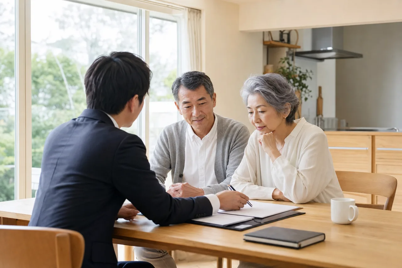 シニア夫婦への保険と資産形成の相談（サービス紹介用）。シニア夫婦への保険と資産形成の相談をテーマに、サービス紹介用として使いやすく構成した商用AI素材です。