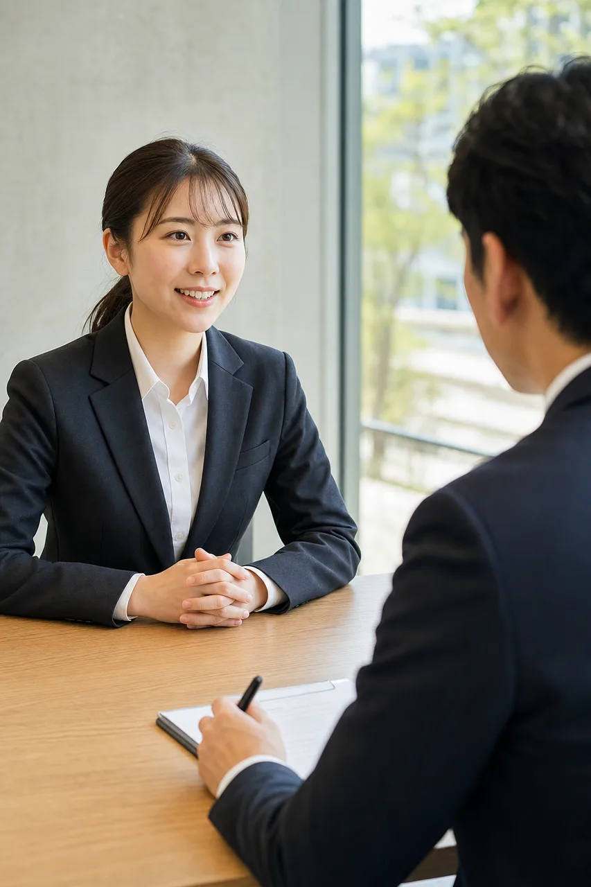 日本企業の採用面接（サービス紹介用）。日本企業の採用面接をテーマに、サービス紹介用として使いやすく構成した商用AI素材です。