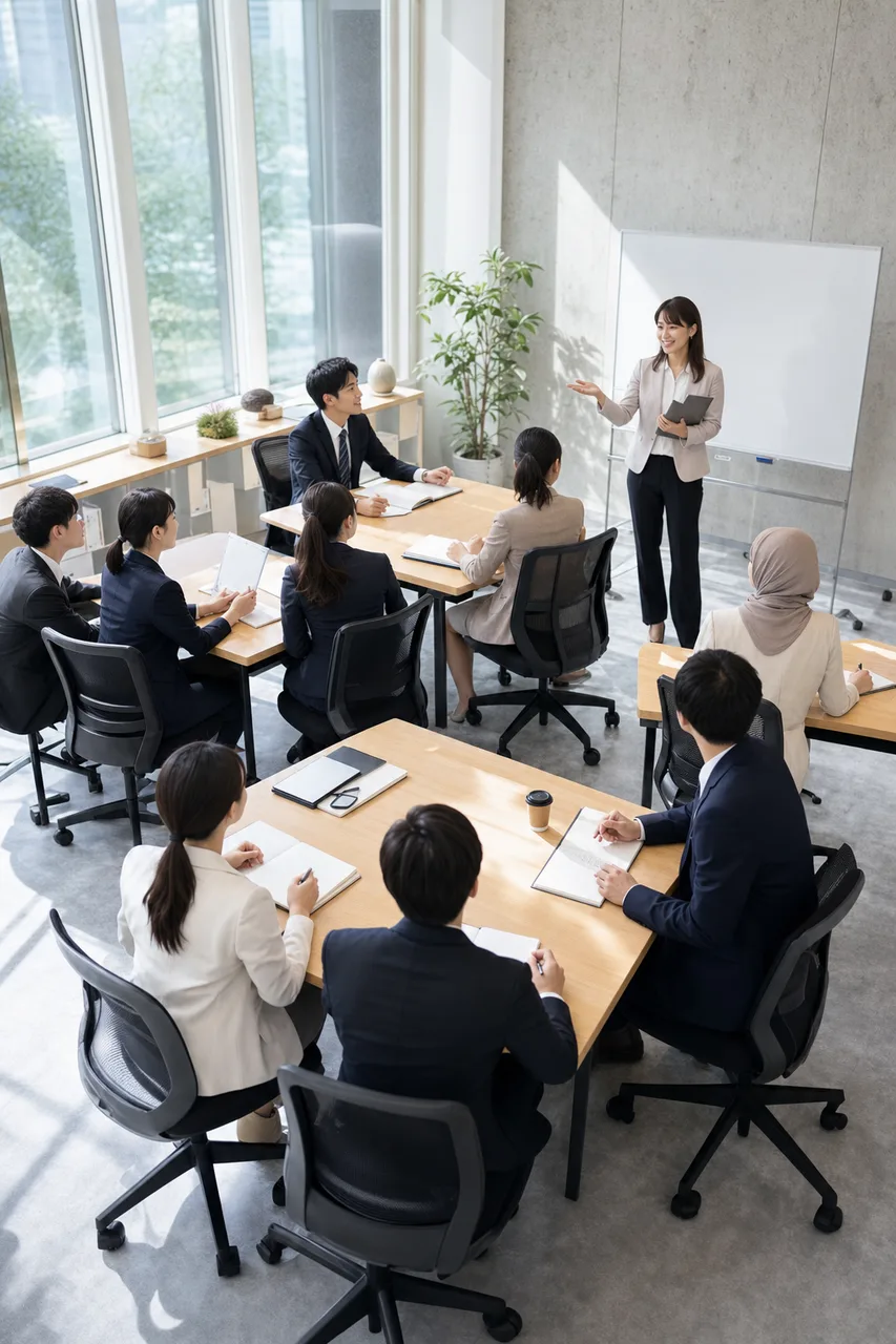 新入社員のオンボーディング研修（サービス紹介用）。新入社員のオンボーディング研修をテーマに、サービス紹介用として使いやすく構成した商用AI素材です。