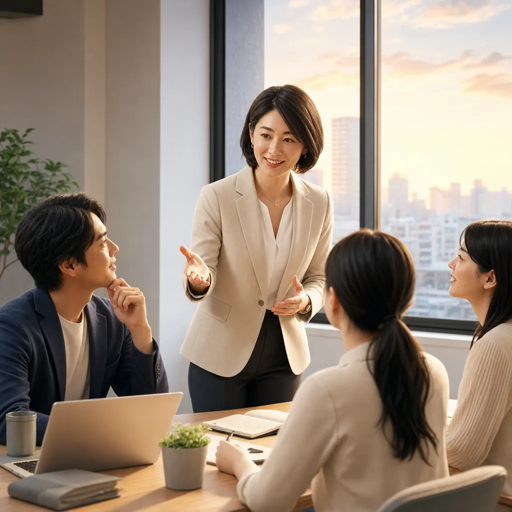 日本人女性管理職のリーダーシップ（サービス紹介用）。日本人女性管理職のリーダーシップをテーマに、サービス紹介用として使いやすく構成した商用AI素材です。