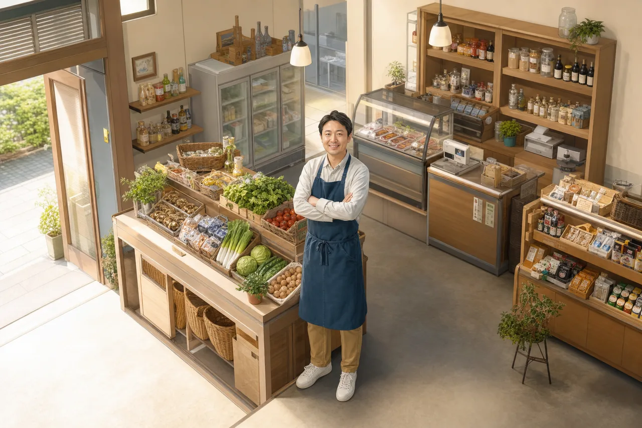 地域の小売店を営むオーナー（サービス紹介用）。地域の小売店を営むオーナーをテーマに、サービス紹介用として使いやすく構成した商用AI素材です。