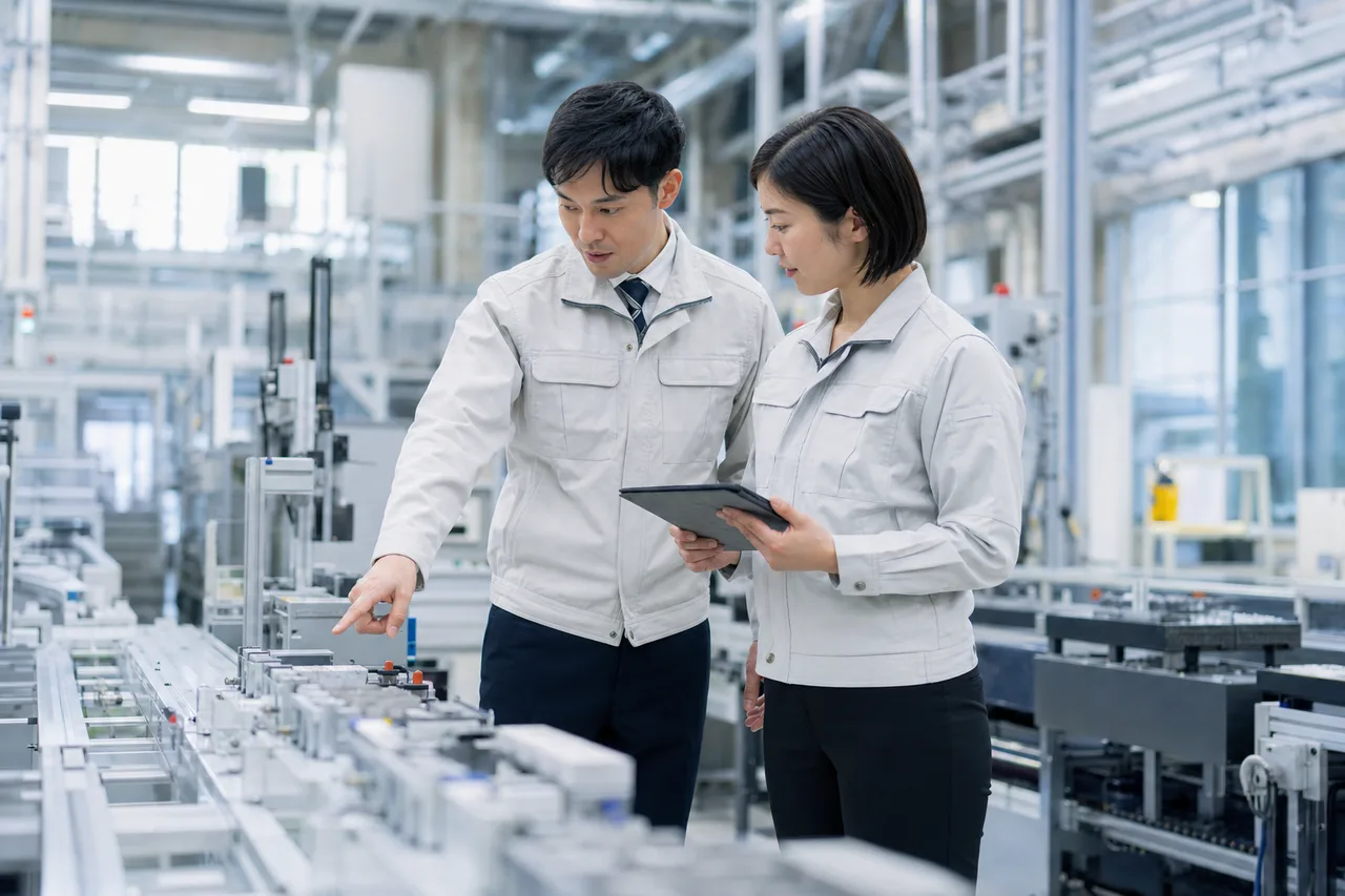 日本の製造現場で確認する技術者（サービス紹介用）。日本の製造現場で確認する技術者をテーマに、サービス紹介用として使いやすく構成した商用AI素材です。